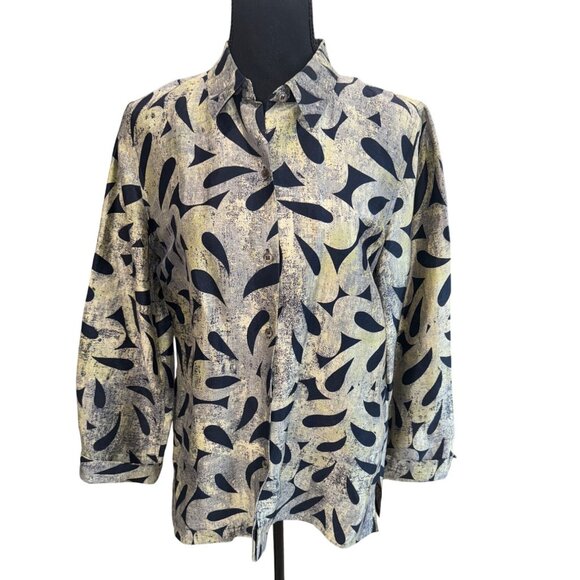 Sigrid Olsen Linen Silk Button-Down Blouse M Abstract Leaf Print Beige Navy - Picture 1 of 9